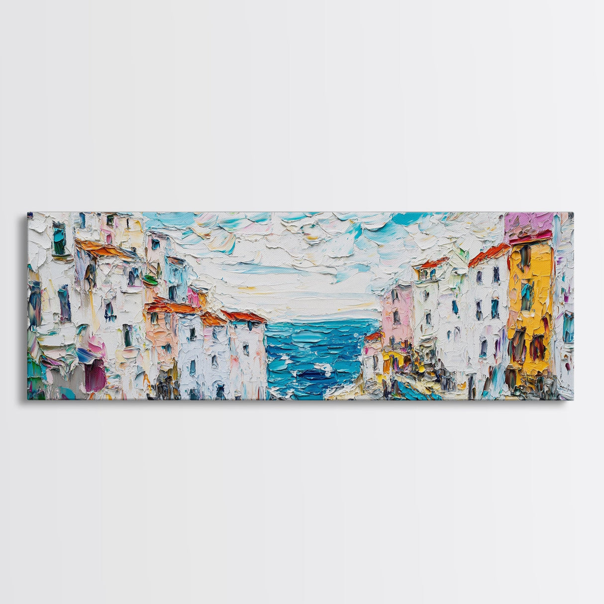 Italian Seaside Impasto Style Canvas Print, Retro Home Decor, Pastel Colors, Italy Wall Art, European Vacation Wall Art Gift