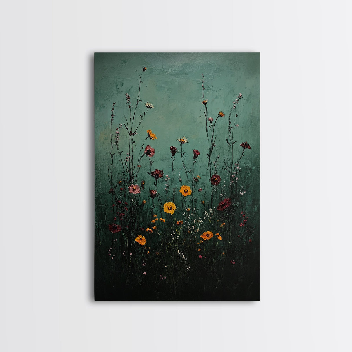 Moody Wild Flowers Print, Framed Canvas, Boho Decor, Wildflowers in a Rain Storm, Modern Farmhouse, Rustic Decor
