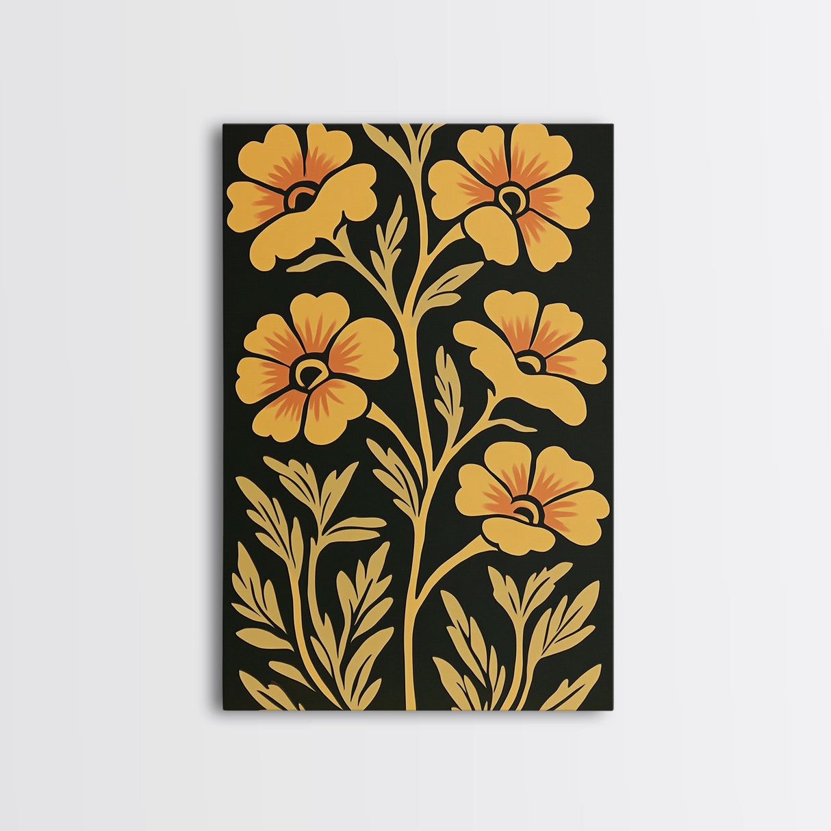 Framed Canvas Wall Art Botanical Print, Yellow Flowers on Black background, Wildflowers, Botanical Floral Modern Art, Boho Decor