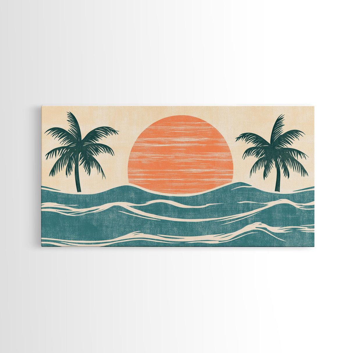 Japanese Wood Block Print Style Sunset and Palm Trees, Framed Canvas Print, Boho Style, Minimalist home Decor