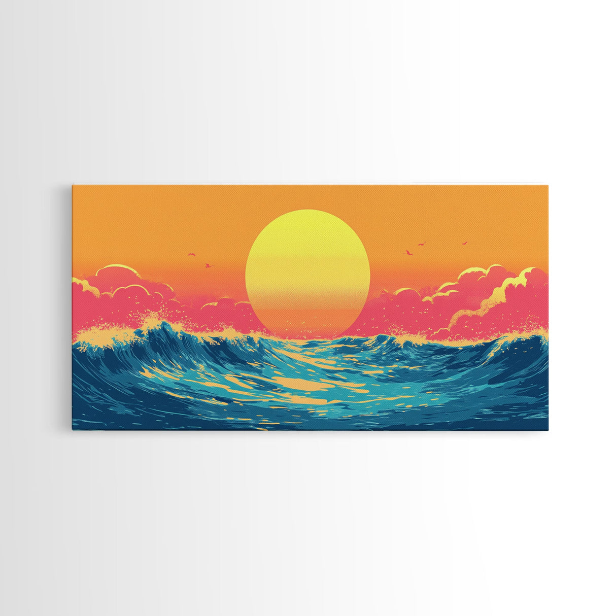 Retro Sunset Over The Ocean, Framed Canvas Print, Beautiful Synthwave Horizontal Wall Art
