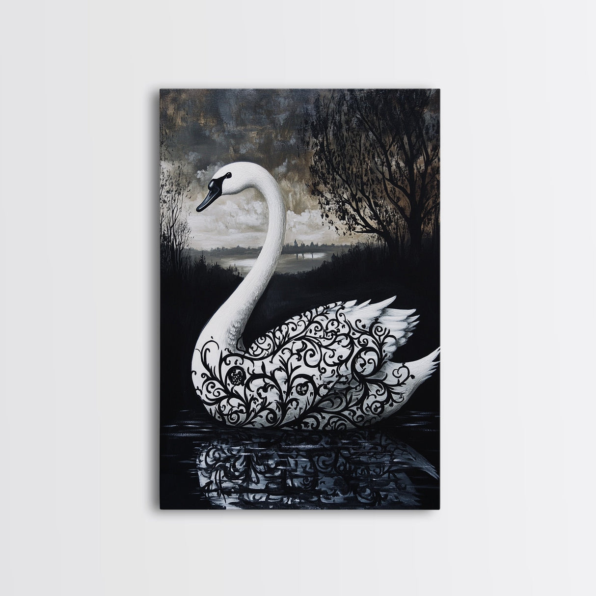 Elegant Gothic Swan Canvas Print | Framed Swan Poster Canvas | Wildlife Decor, animal prints, Swan Painting, Rustic Home Decor, Living Room Art