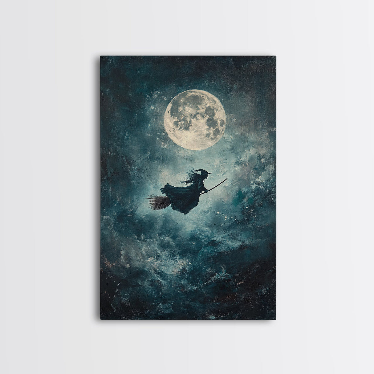 Witchy Decor, Witch Wall Art, Witch Riding a Broom Under a Full Moon, Witch Painting, Framed Canvas Print, Witchy Wall Art, Halloween Decor