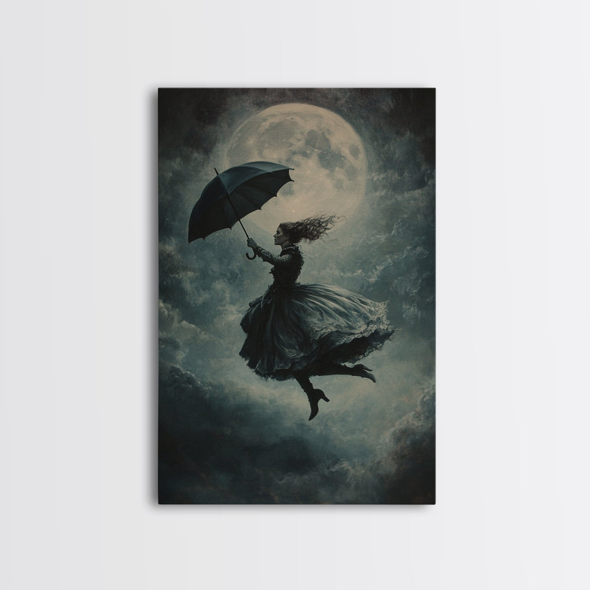 The Witch and her Umbrella Framed Canvas print, Witchy Decor, Witch painting, Witch Wall Art, Halloween Gift Idea
