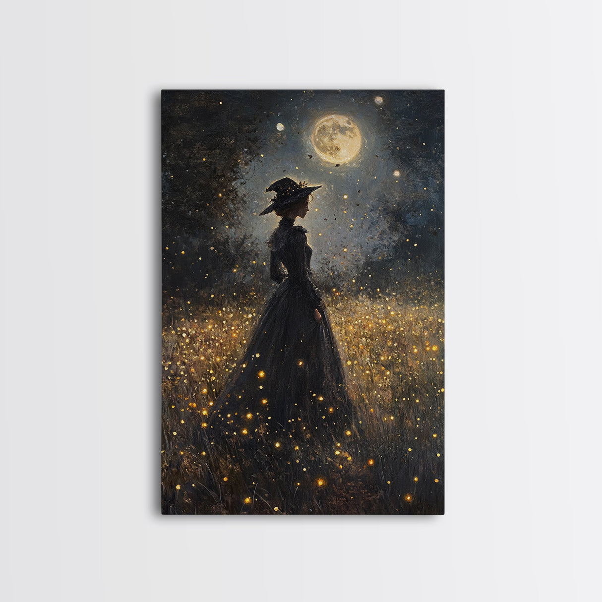 Witch Under a Full Moon Framed Canvas Print, Vintage Art Prints, Dark Academia, Witchy Gifts, Halloween Prints, Gothic Wall Art