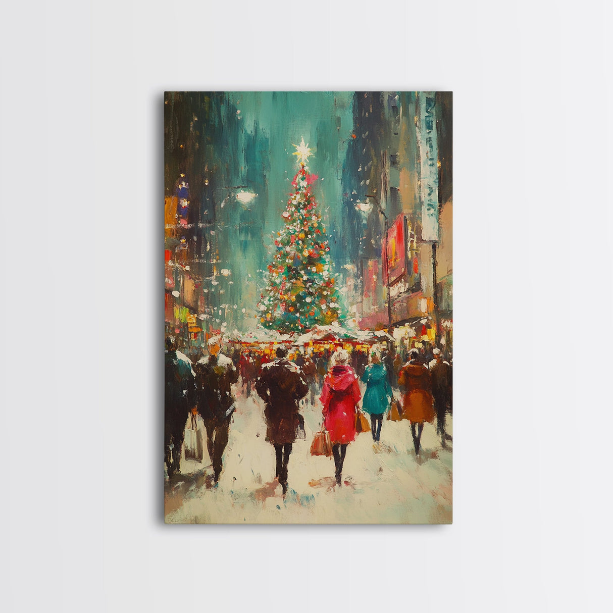 Christmas on The Town Square Framed Canvas Print, Wood Framed Christmas Decor, Holiday Mantle Art, Christmas Centerpiece Wall Art