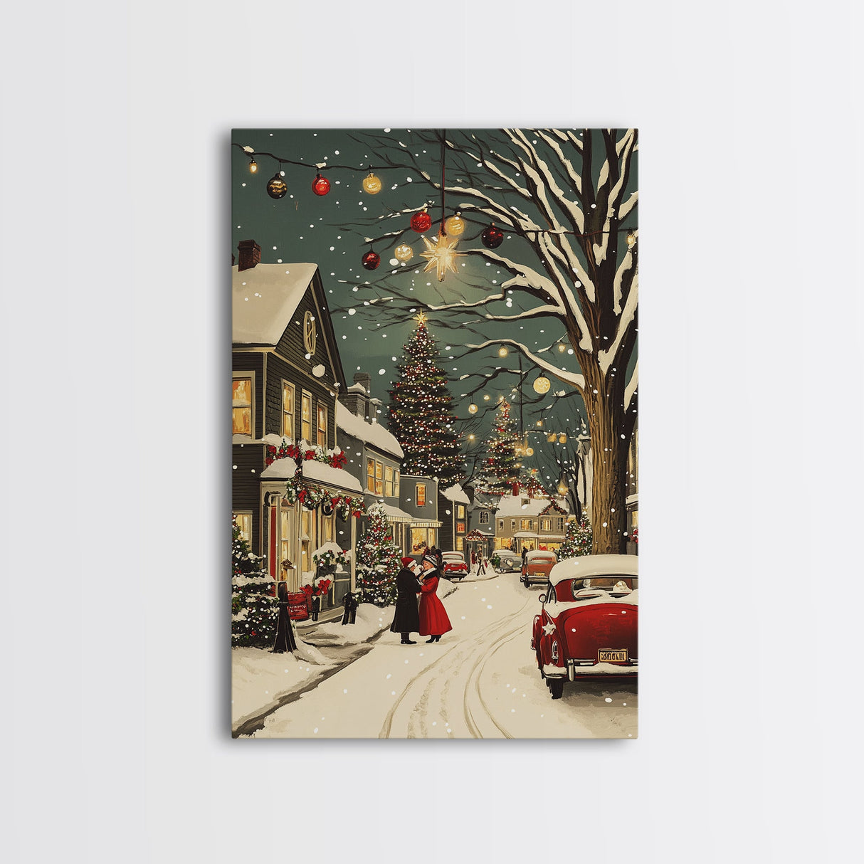 Vintage Christmas Wall Art, Framed Canvas Print, Vintage Art Print, Christmas Village Painting, Christmas Wall Art, Christmas Print