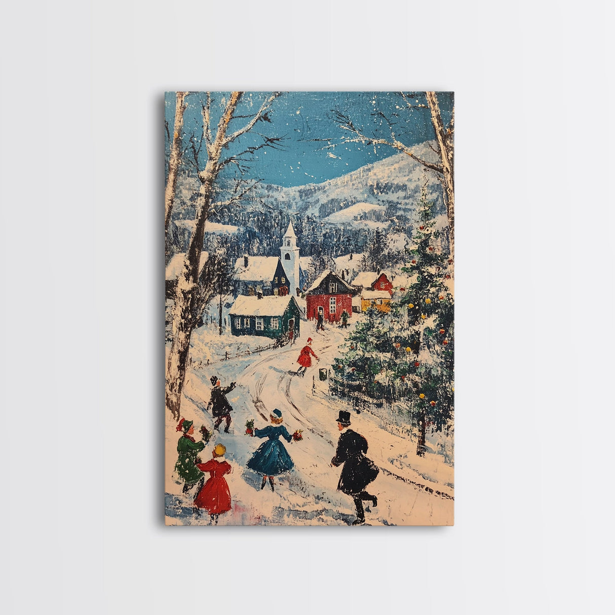 Ice Skating in The Streets on Christmas Morning Framed Canvas Print - Retro Christmas Village Wall Art - Christmas Above Mantle Centerpiece Art