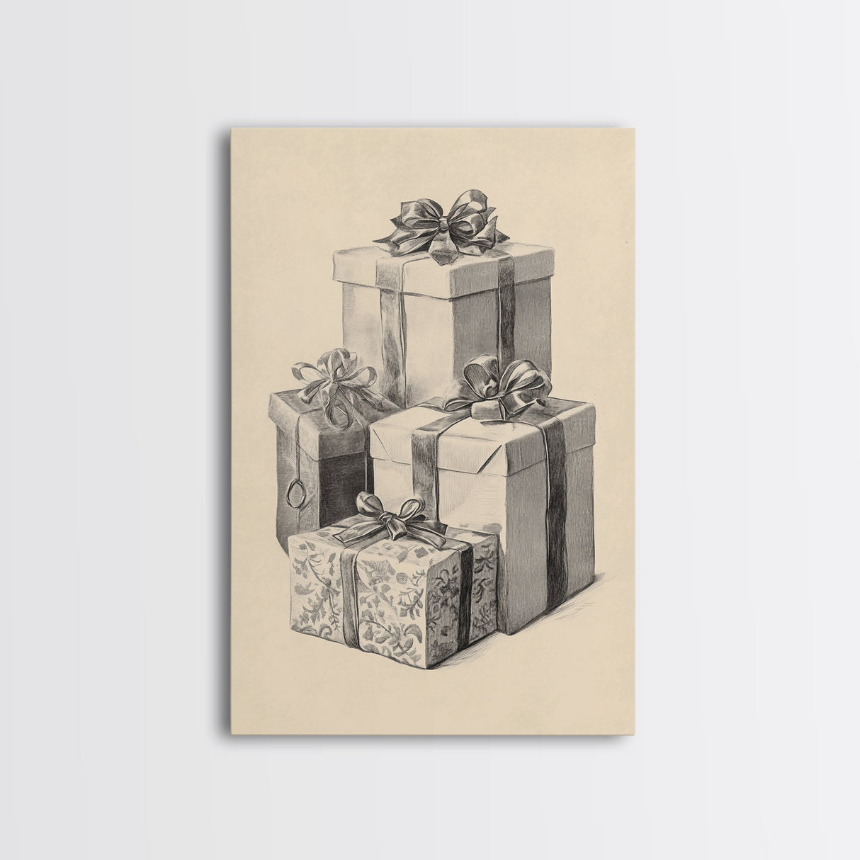 Drawing of Christmas Gifts Canvas Print - Framed Canvas - Minimalist Christmas Art - Boho Christmas Art - Rustic Christmas Art