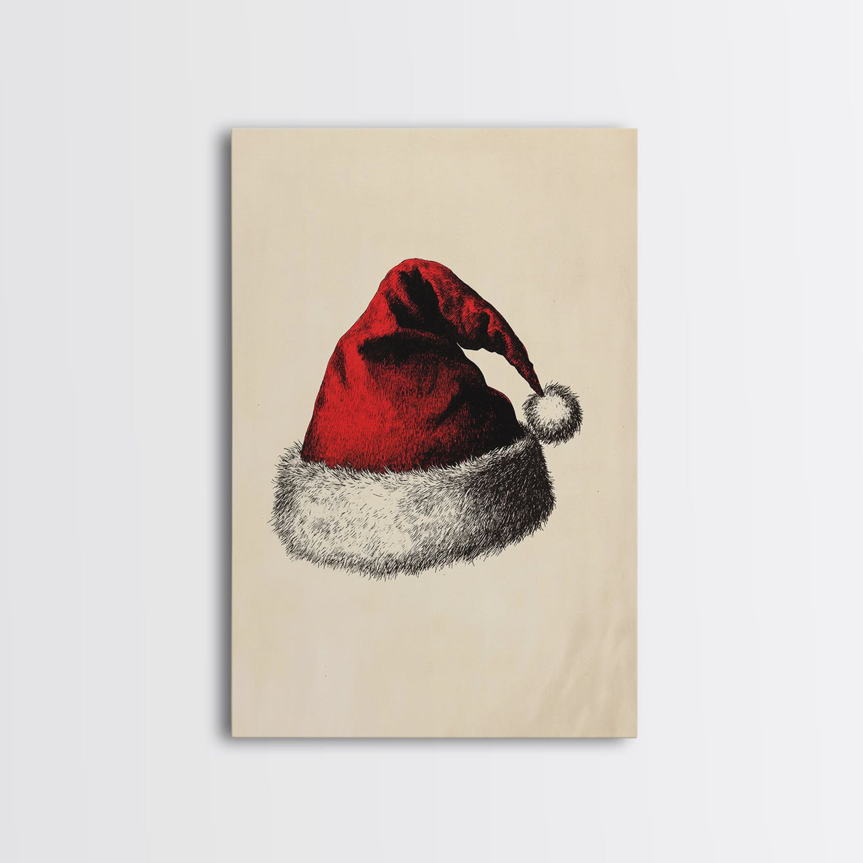 Retro Santa Hat Sketch Canvas Print - Framed Canvas - Minimalist Christmas Art - Boho Christmas Art - Rustic Christmas Art