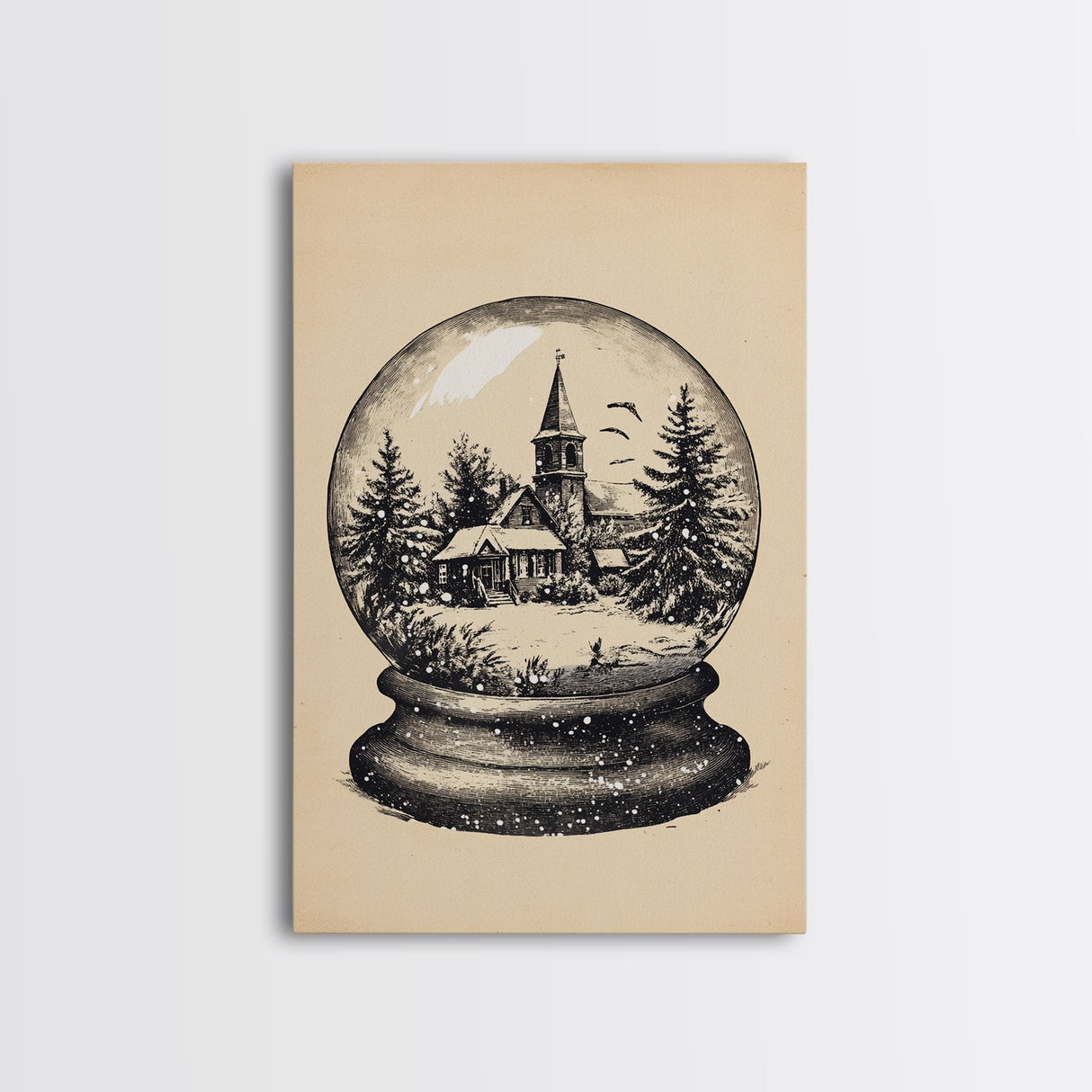 Retro Christmas Snowglobe Canvas Print - Framed Canvas - Minimalist Christmas Art - Boho Christmas Art - Rustic Christmas Art