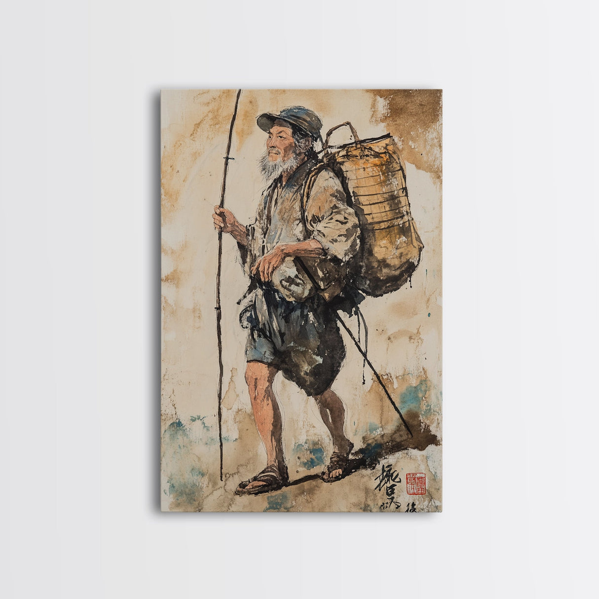 Japanese Fisherman Painting Print, Wabi Sabi Wall Art, Japanese Style Home Decor, Japanese Wood Block Print Style Art