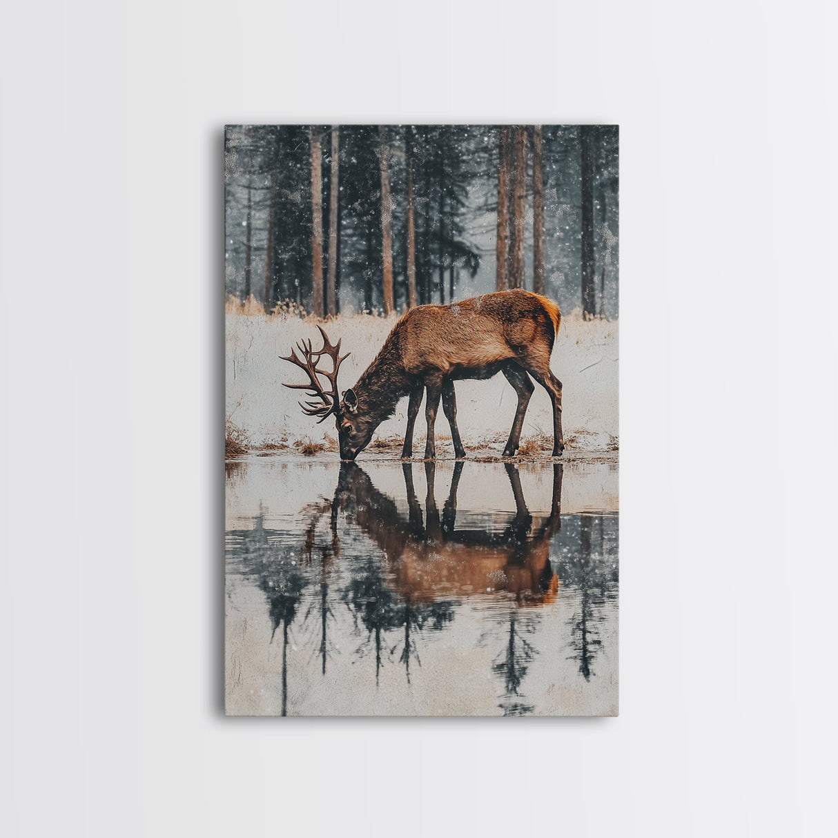 Elk Drinking Water Oil Painting Print, Framed Canvas, Deer Drinking Water In Forest Painting, Nature Decor, Cabin Wall Art, Winter Wall Art
