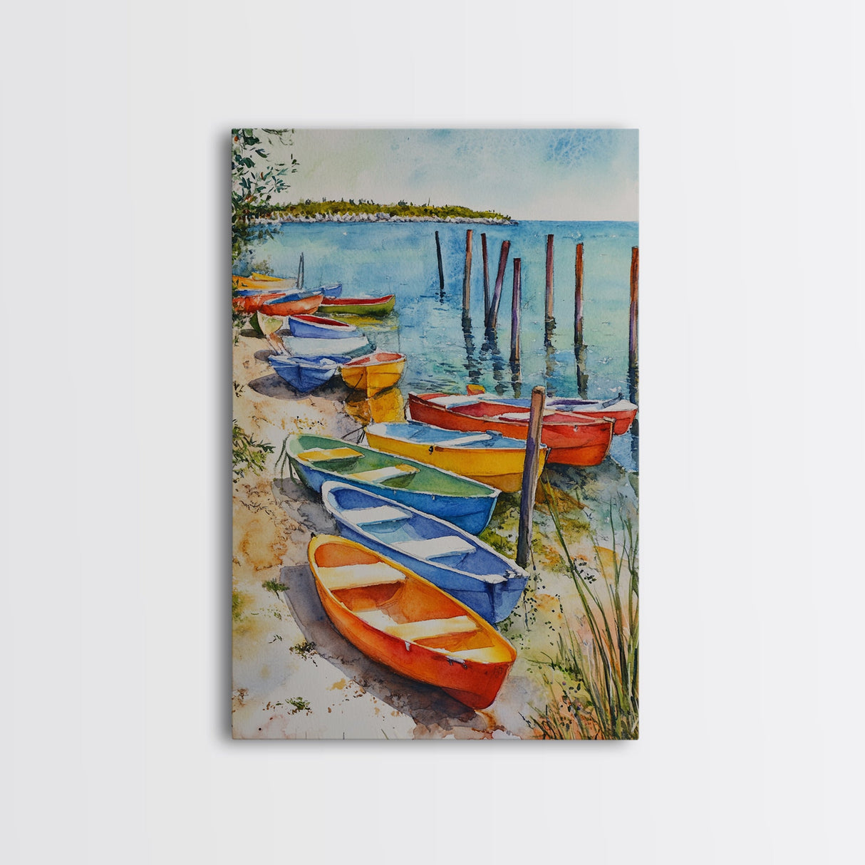 Kayaks On The Ocean Framed Canvas Print, Maine Painting, Coastal Decor, Cute Coastal Wall Art, Preppy Decor, Coastal Landscape Painting