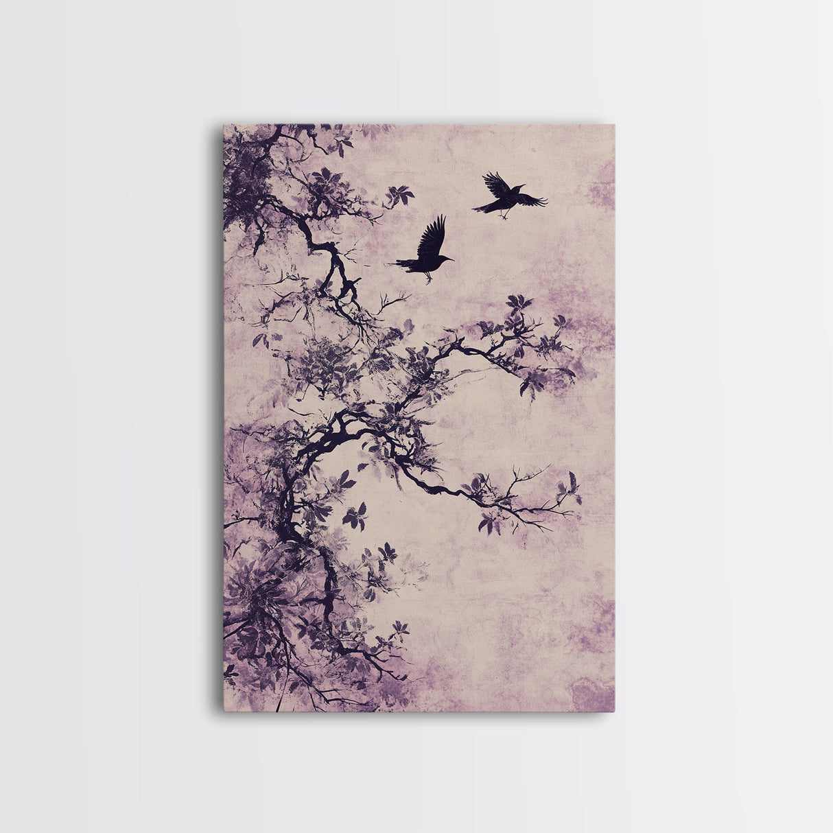 Wabi Sabi Floral Print Framed Canvas Art, Minimalist Home Decor, Purple trees with Crows, Purple Art, Boho Style Modern Art