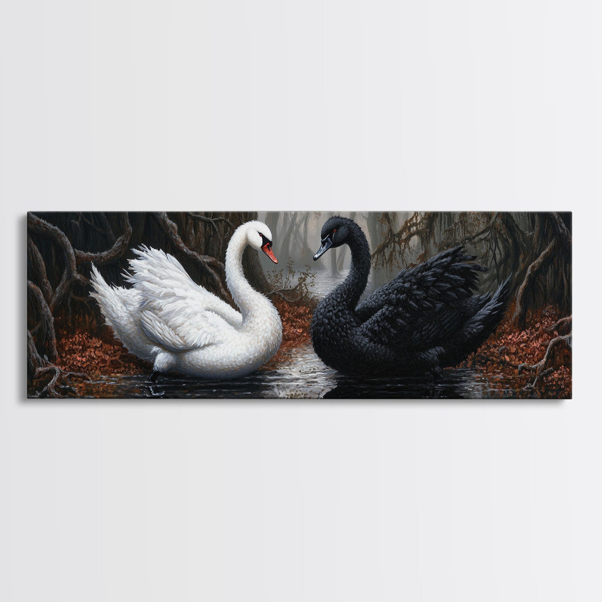 Black and White Swan Form A Heart, Framed Canvas Print, Swan Painting, Black Swan Art, Dark Romance, Panoramic Art, Gothic Art