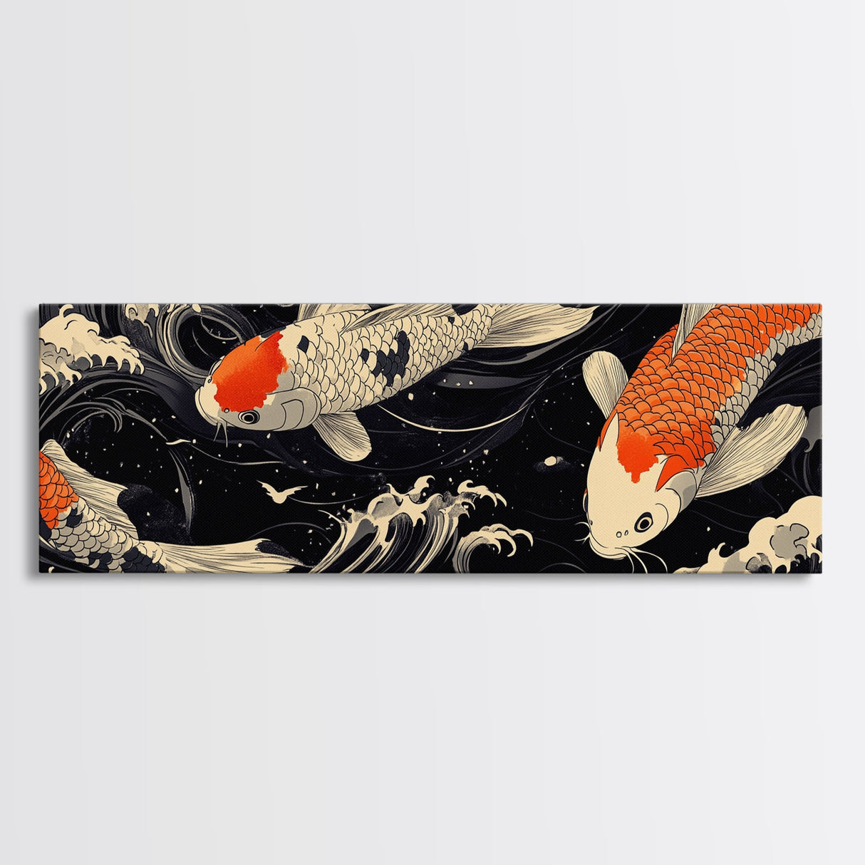 Wabi Sabi Boho Painting Print of Ko Fish, Japanese Style Decor, Panoramic Horizontal Wall Art, Extra Wide 70 Inch Wall Art, 72 Inch Wide Art