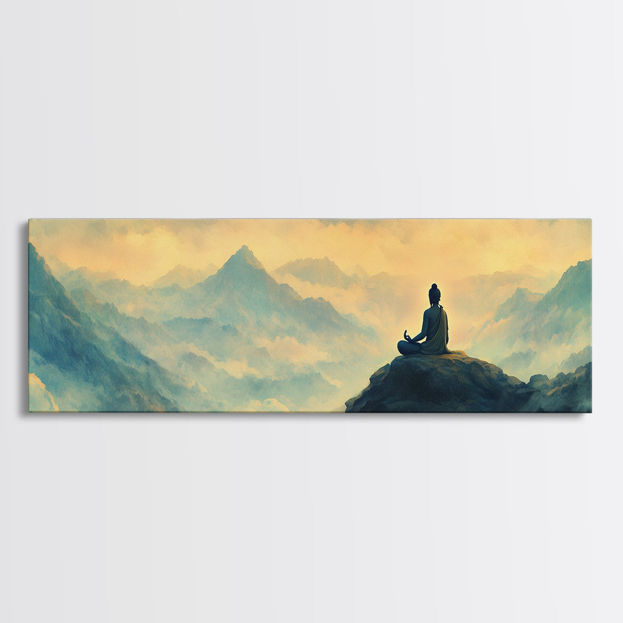 Buddha Meditating On The Mountain Framed Canvas Print, Zen Wall Art, Meditation Room Decor, Yoga Studio Decor, Panoramic Buddha Painting
