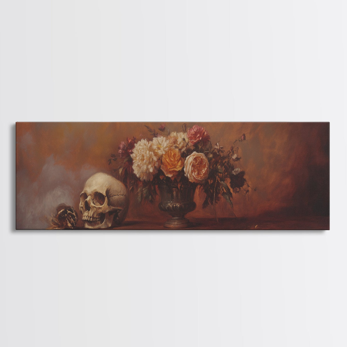 Gothic Flowers Still Life, Skull Painting Canvas Print, Goth Decor, Witchy Wall Art, Witchy Decor, Witchy Gift Idea, Dark Academia Art