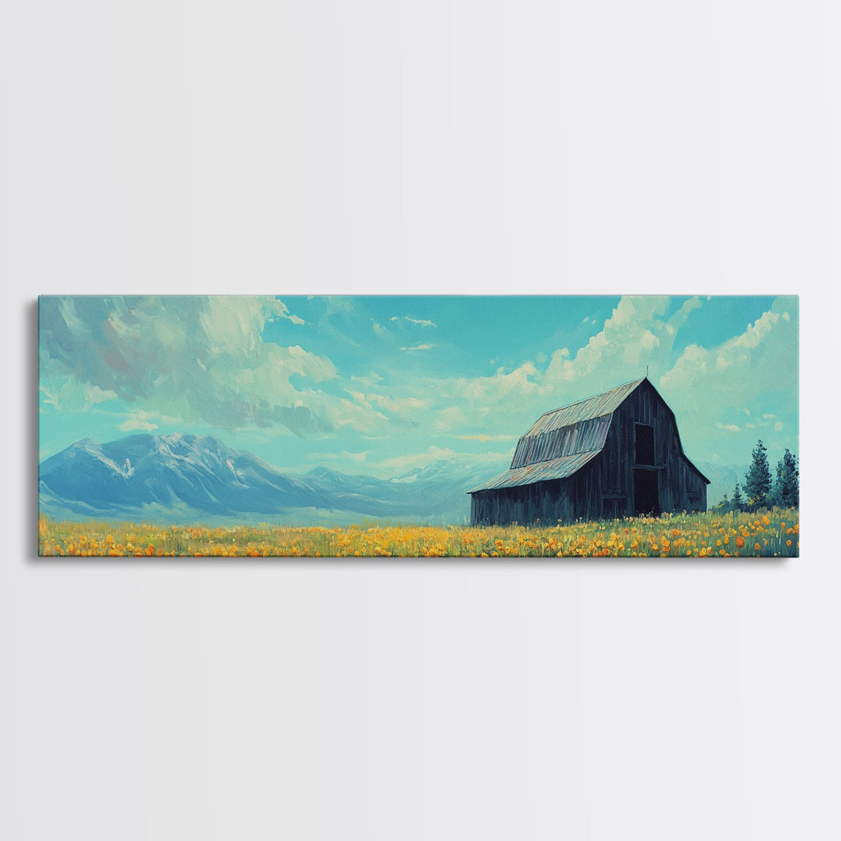 Old Barn In The Spring, Framed Canvas Print, Rustic Farmhouse Decor, Modern Farmhouse, Barn in Field of Wild Flowers, Farm House Art