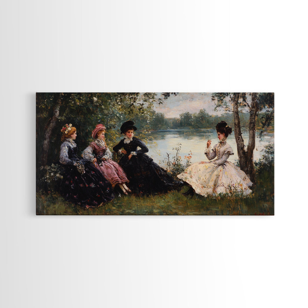 Victorian Women Having a Summer Party on the River, Framed Canvas Print, Victorian Summr Day Oil Painting Print, Whimsical Wall Art