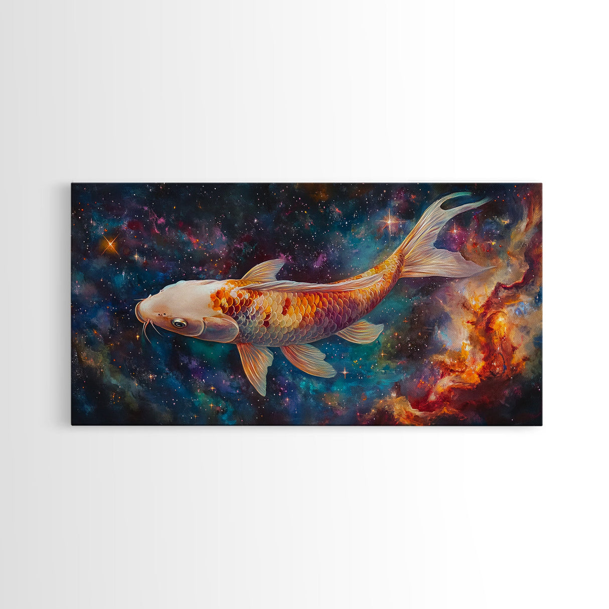 Koi Fish in Space, Framed Canvas Print, Abstract Wabi Sabi Style Painting, Koi Fish Home Decor, Japanese Style Artwork, Boho Decor