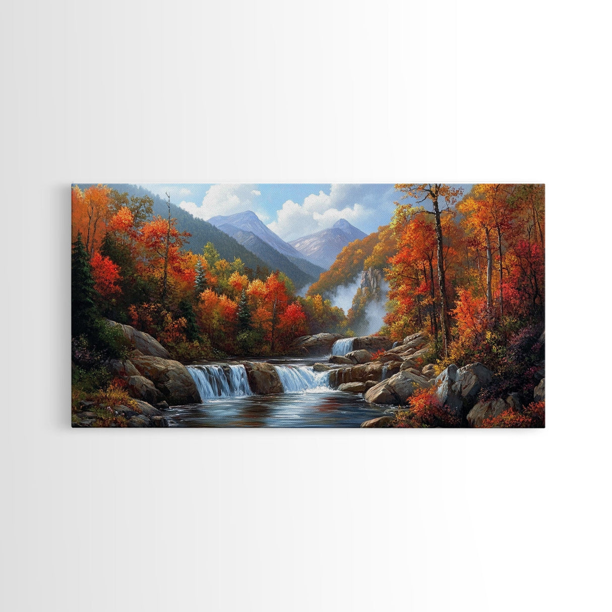 Waterfall In The Forest, Framed Canvas Print, Ready To Hang Art, Wood Frame, Landscape Oil Painting, Mountain Painting, Forest Painting