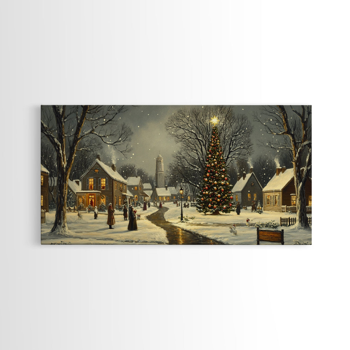 Christmas Sceneary Wall Art Framed Canvas Print, Winter Wall Art, Christmas Village Painting, Victorian Christmas Oil Painting, Horizontal Art
