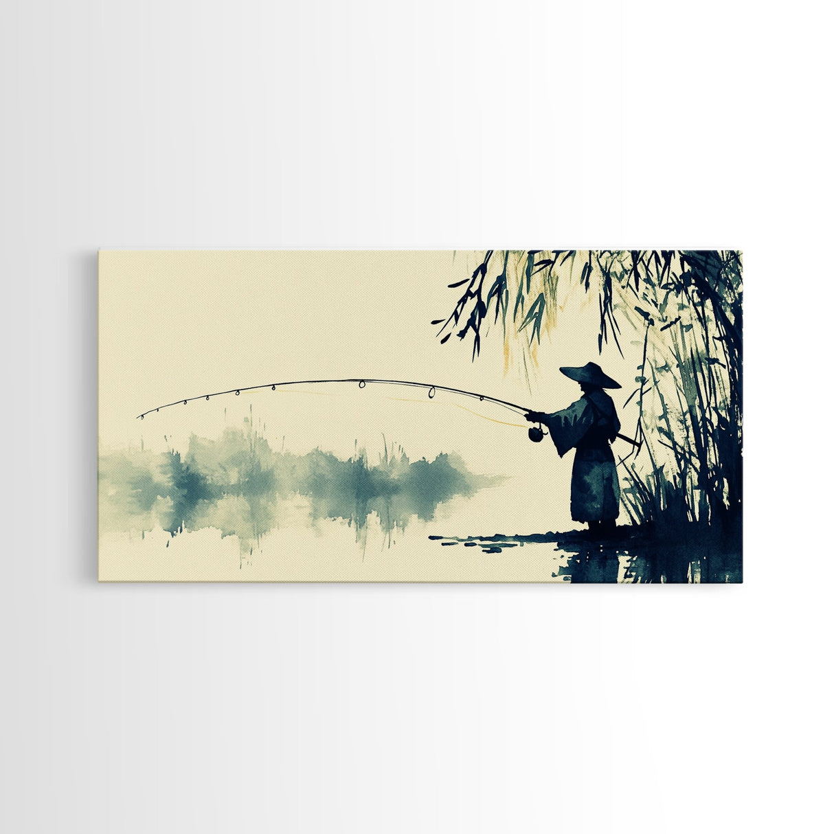 Watercolor Painting Print of a Fisherman - Elegant Japanese Style Artwork - Framed Canvas Print Ready to Hang - Coastal Wall Art - Fishing Gift