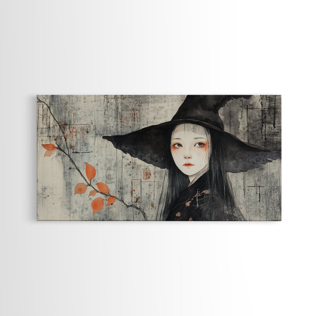Wabi Sabi Japanese Witch Portrait - Framed Canvas Print - Wood Framed Art - Japanese Style Witchy Wall Art