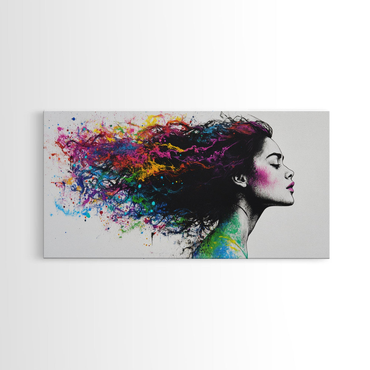 She Has Rainbow Waves in Her Flowing Hair - Portrait of a Woman - Framed Canvas Print - Pop Art - Loft Decor - Statement Piece Art