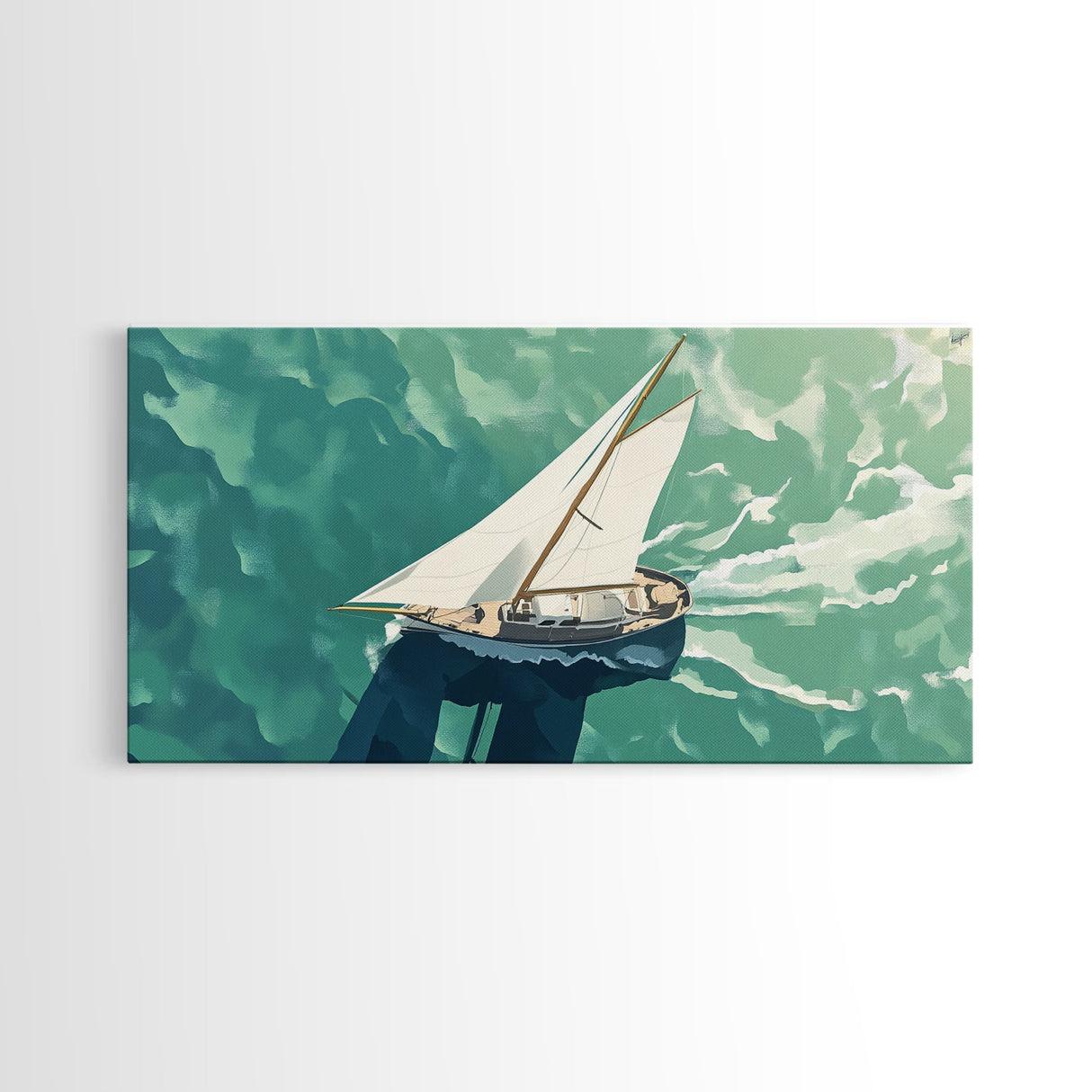 Bird's Eye View of a Sailboat Nautical Painting Print, Framed Canvas Art, Statement Piece, Nautical Centerpiece Wall Art