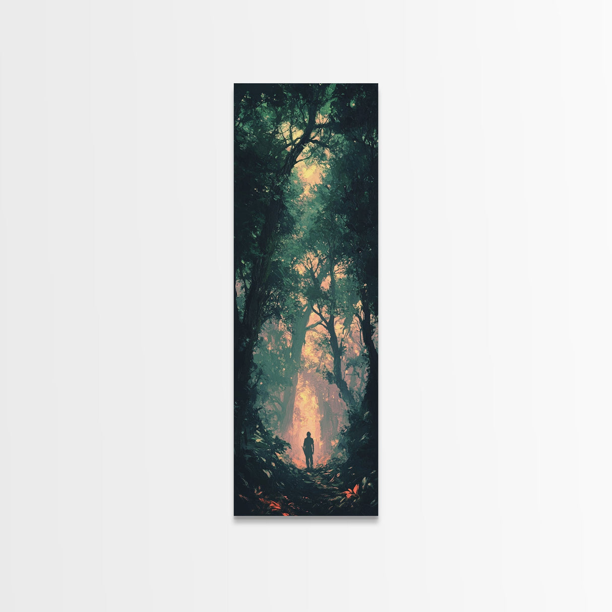 Forest at Dusk Painting Framed Canvas Print Long Narrow Wall Art, Rustic Decor Above Couch Art, Tall Skinny Art Gift Idea Christmas