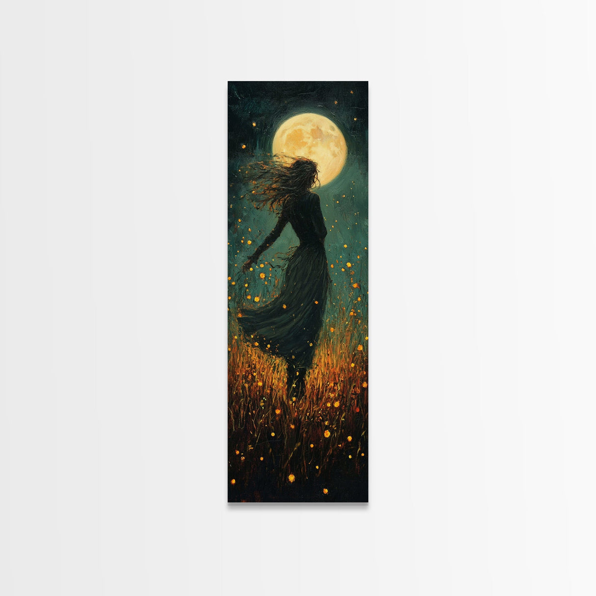 Moonlight goddess painting mystical framed canvas print, ethereal night scene, boho wall art, spiritual bedroom decor, wildflower moon art