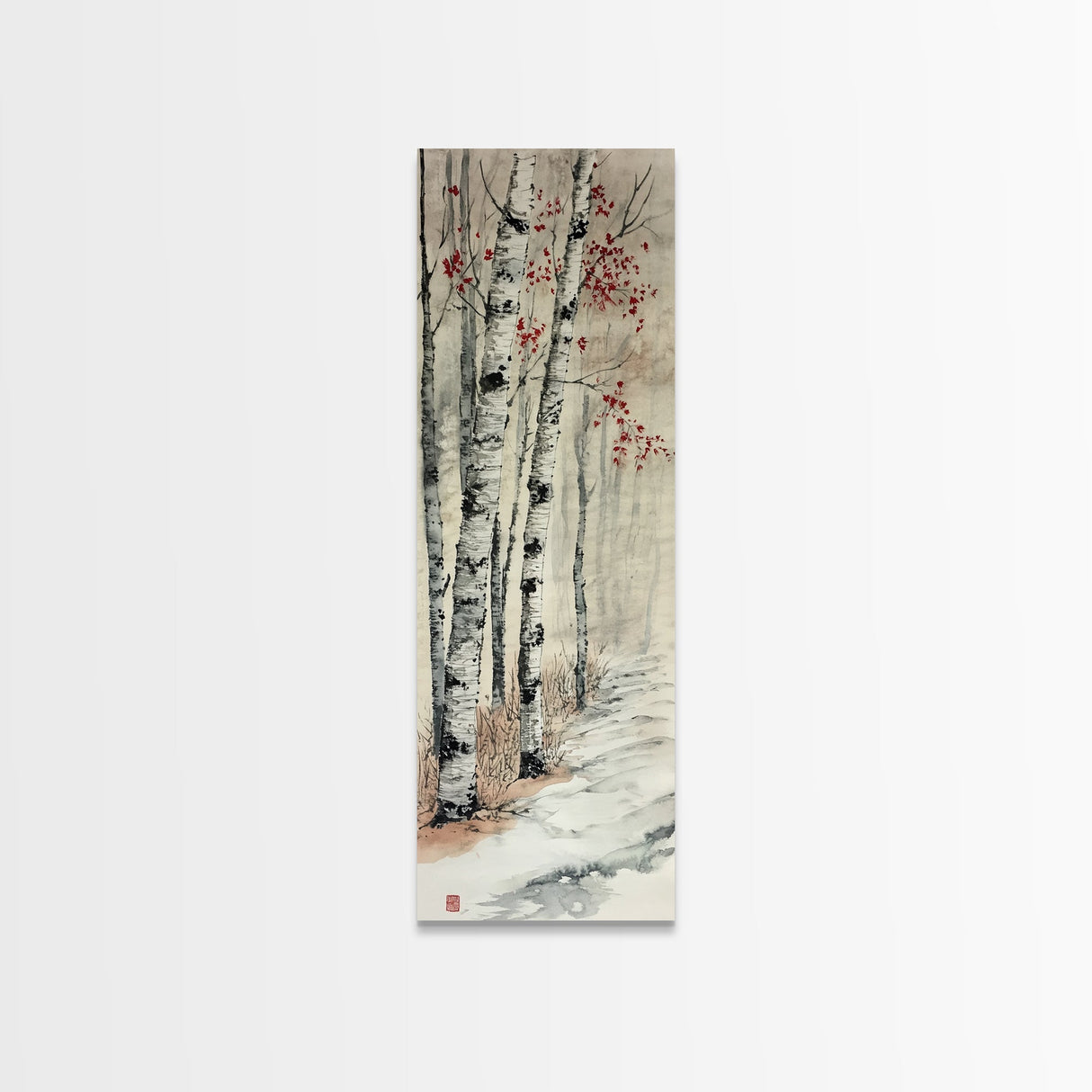 Winter Birch Forest Canvas Print – Wabi Sabi Art, Skinny Wall Art, Moody Winter Scene, Birch Tree Painting, Minimalist Art, Bedroom Wall Decor