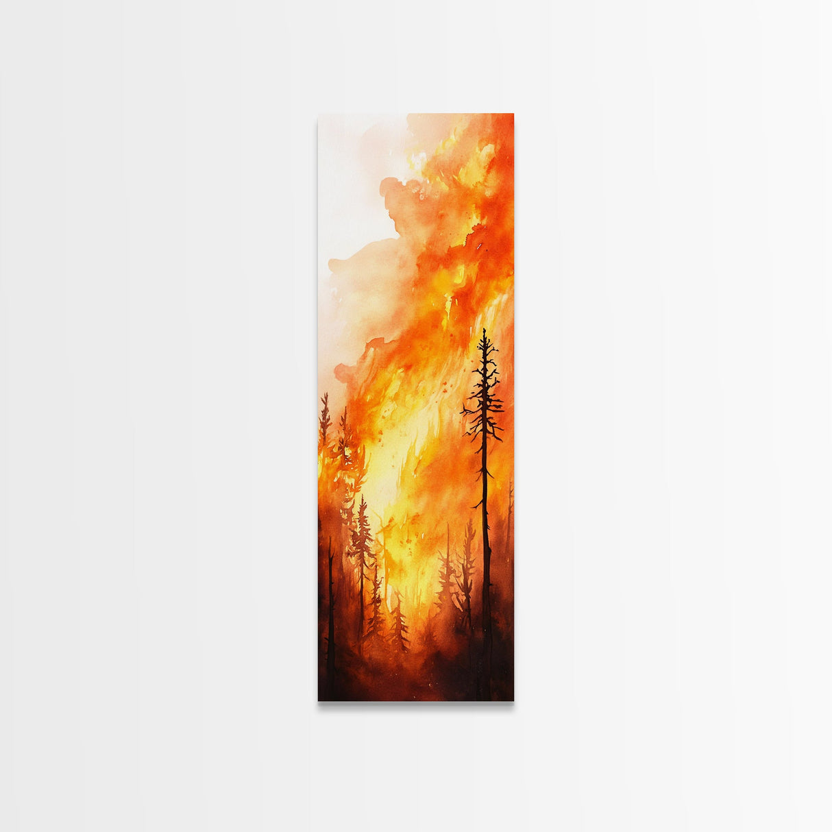 Sunset Blaze in Forest Framed Canvas Print – Dramatic Wall Art, Fiery Forest, Moody Scene, Rustic Decor, Living Room Art, Tall Narrow Art
