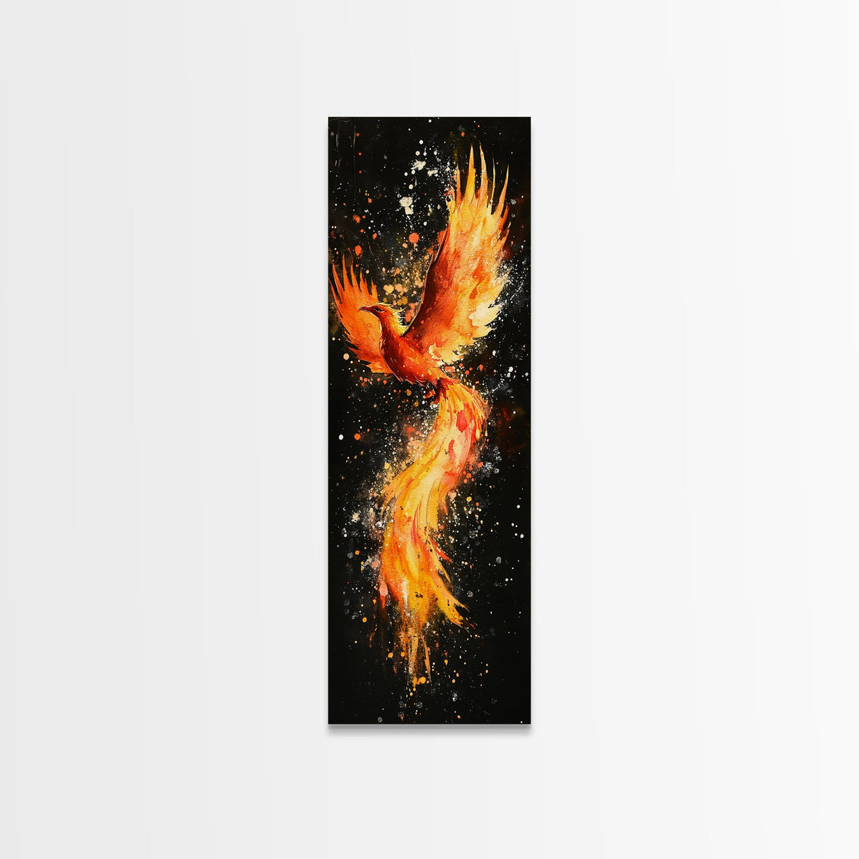 Fiery Phoenix Illustration on Black Canvas, Framed Art Option, Mystical Wall Art for Living Room, Tall Narrow Wall Decor, Mythological Art