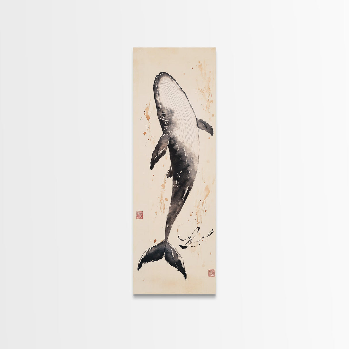 Minimalist Whale Ink Art Depicting Graceful Humpback Whale – Elegant Black and White Framed Canvas Print for Nautical or Coastal Decor