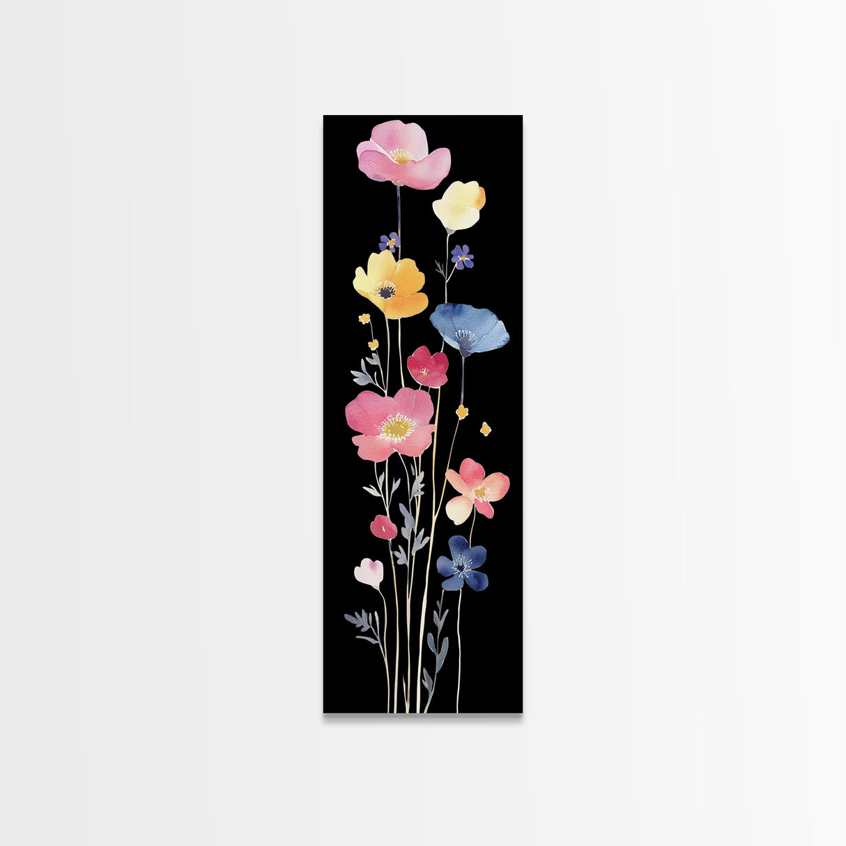 Vibrant Wildflower Watercolor Art - Framed Canvas Print with Black Background Featuring Colorful Poppy and Floral Scene