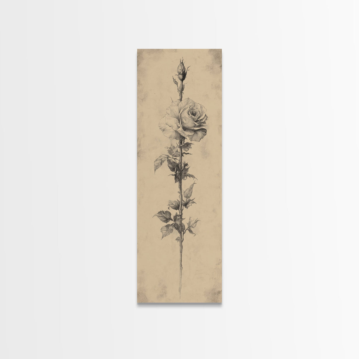 Black and White Sketch of a Rose, Framed Canvas Print, Narrow Art, Tall Skinny Art, Flower Painting, Paint of a Rose, Floral Prints