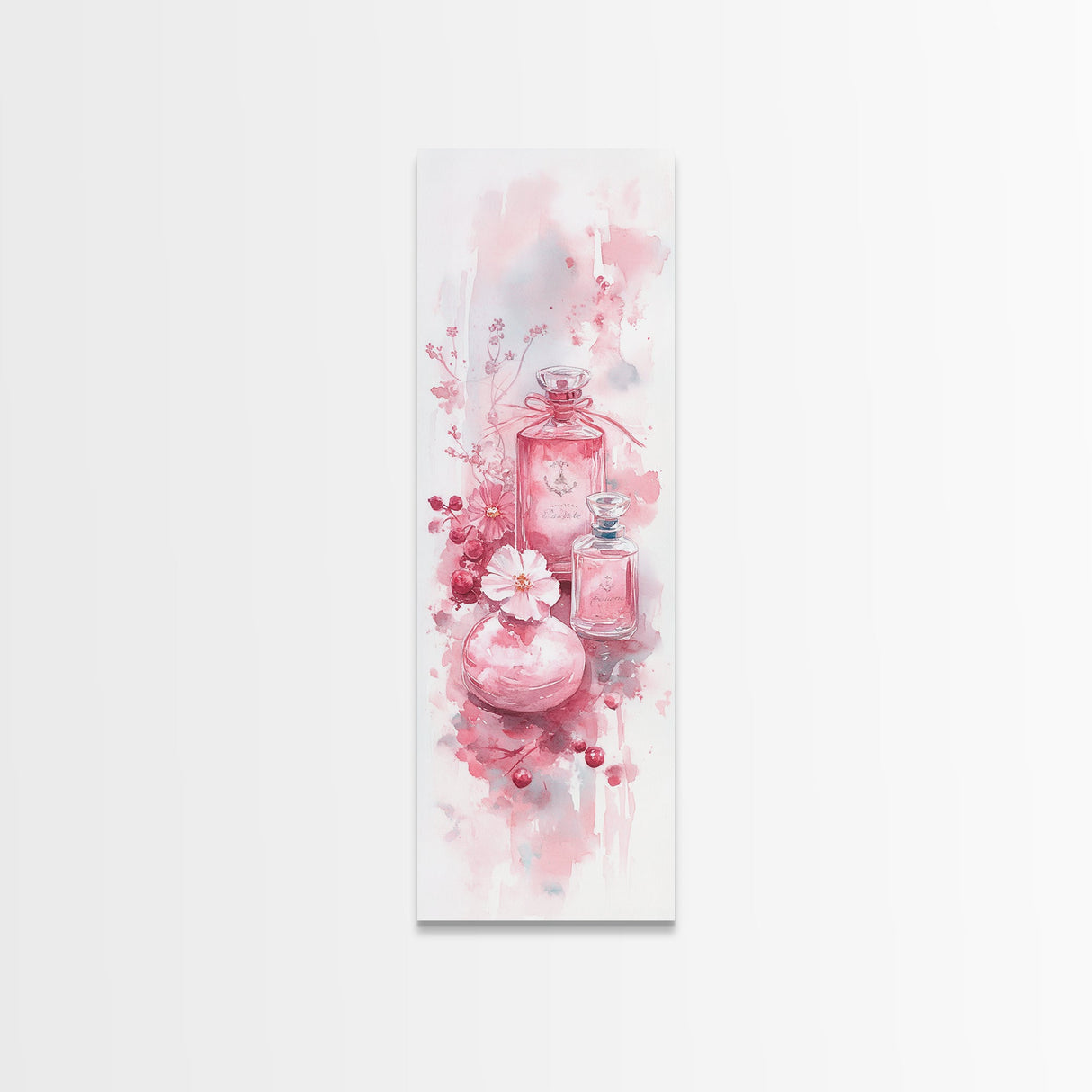 Elegant Perfume Bottles Framed Canvas Print Pink Abstract Art Wabi Sabi Decor Light Pink Bedroom Artwork Feminine Minimalist Wall Art