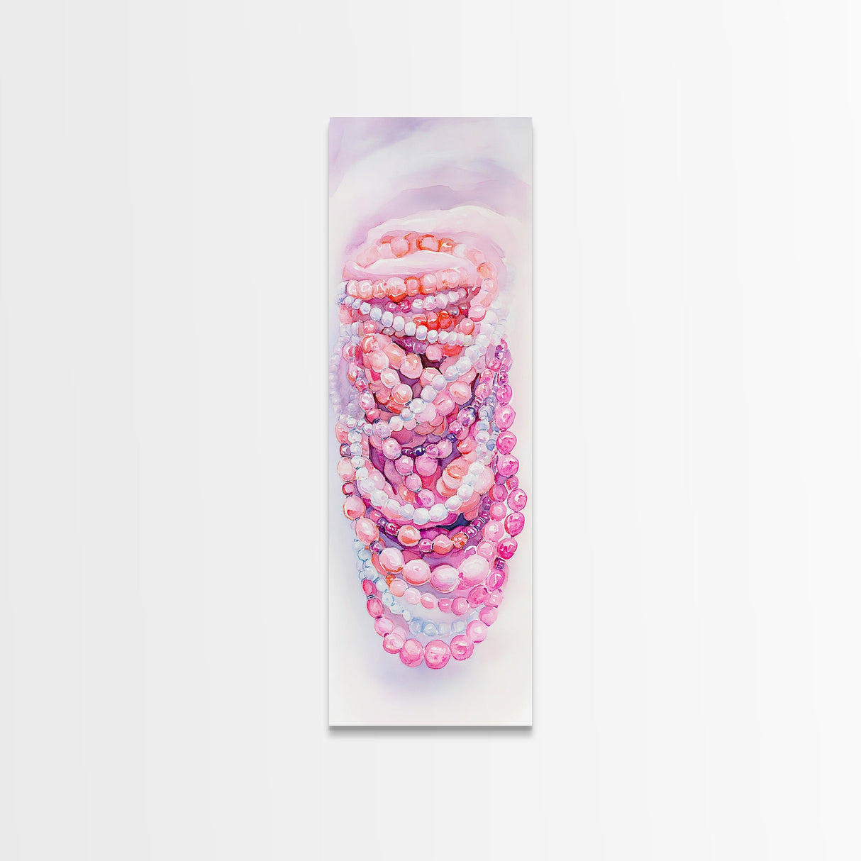 Pastel Beads Canvas Print - Whimsical Tall Narrow Art, Pink Pearl Inspired Jewelry Painting, Vertical Art for Boho Bedroom