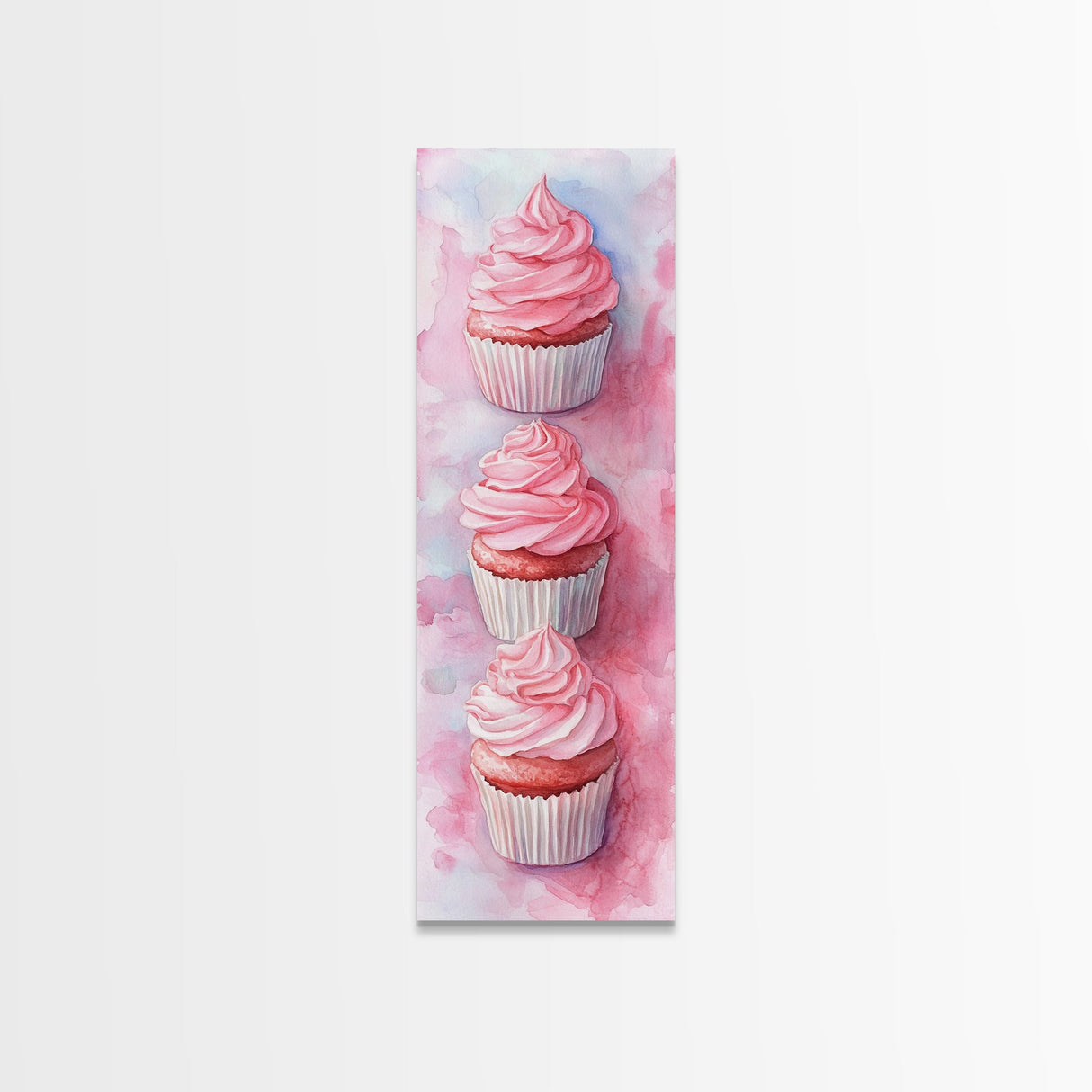 Pink Cupcake Trio Canvas Print, Whimsical Kitchen Art, Rustic Light Pink Wall Art, Food Review Vertical Artwork, Gift Idea For Her