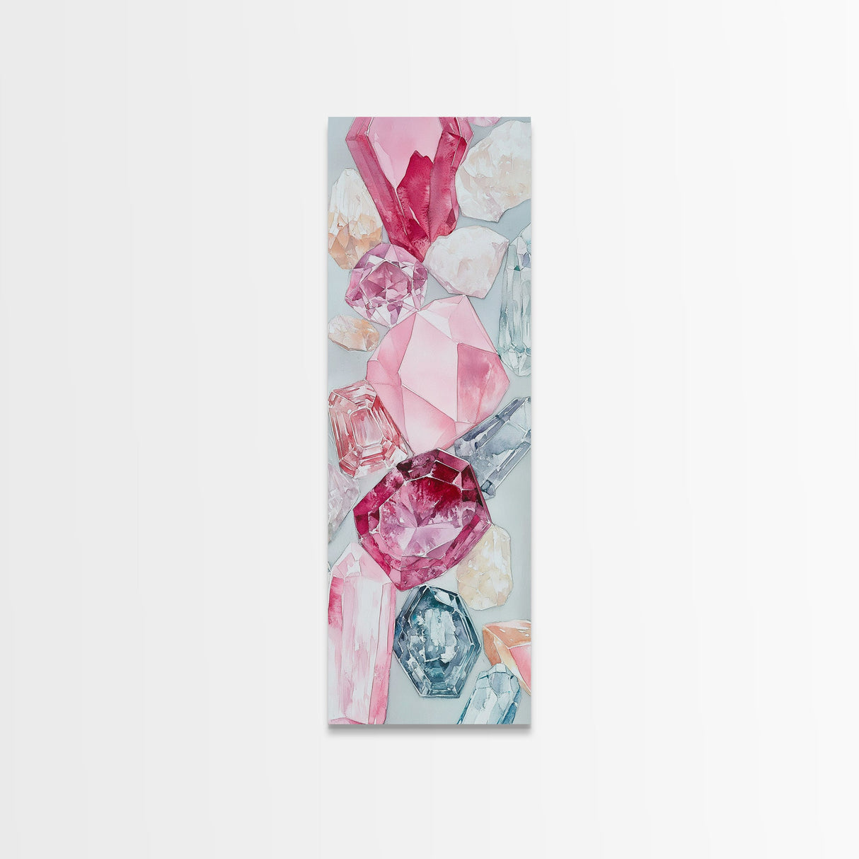 Gemstone Watercolor Painting Framed Canvas Print, Whimsical Pink Abstract Wall Art, Geometric Skinny Vertical Bedroom Art