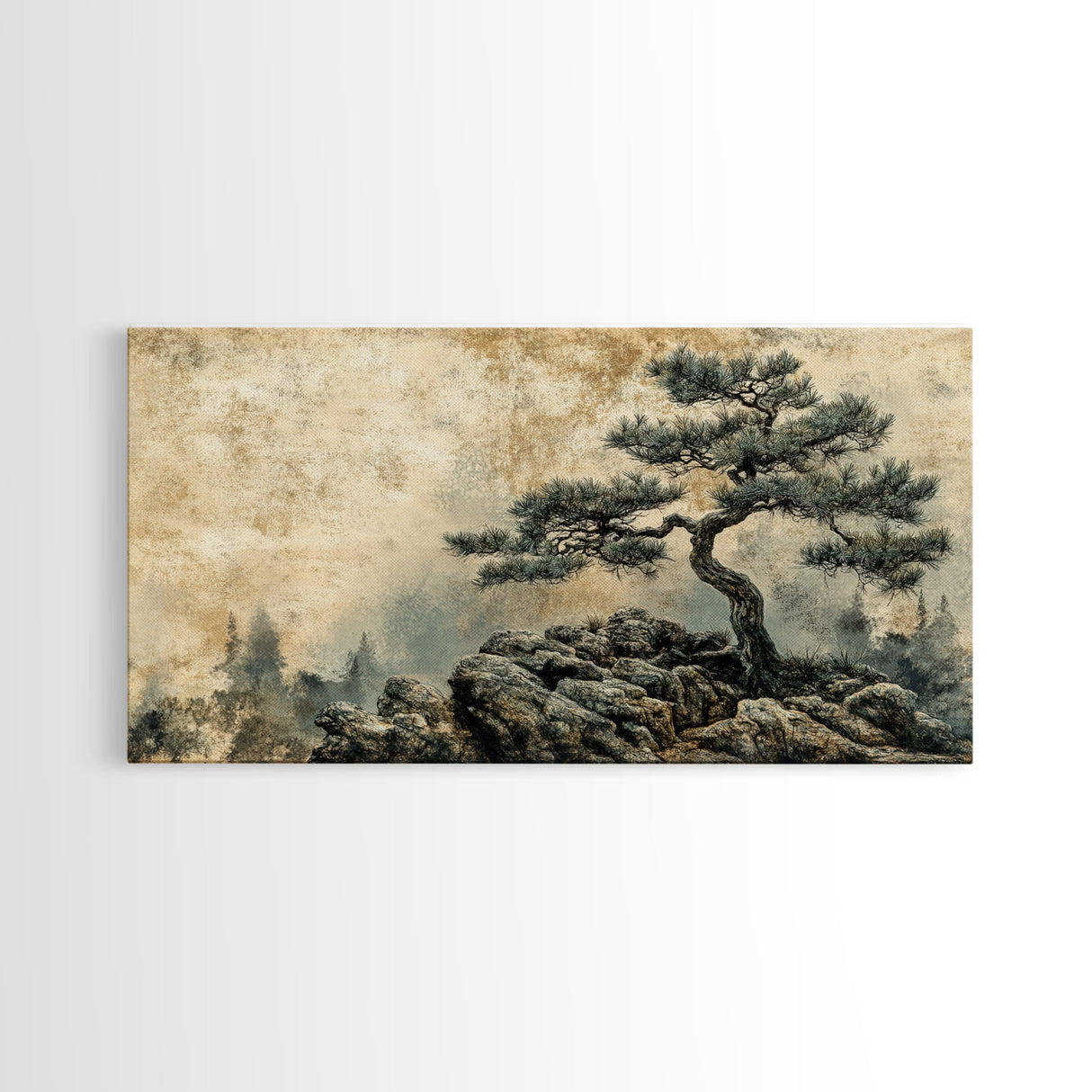 Pine Tree on Rocks Canvas Print Rustic Wall Art Wabi Sabi Minimalist Artwork Zen Art Bedroom Decor Horizontal Landscape Painting