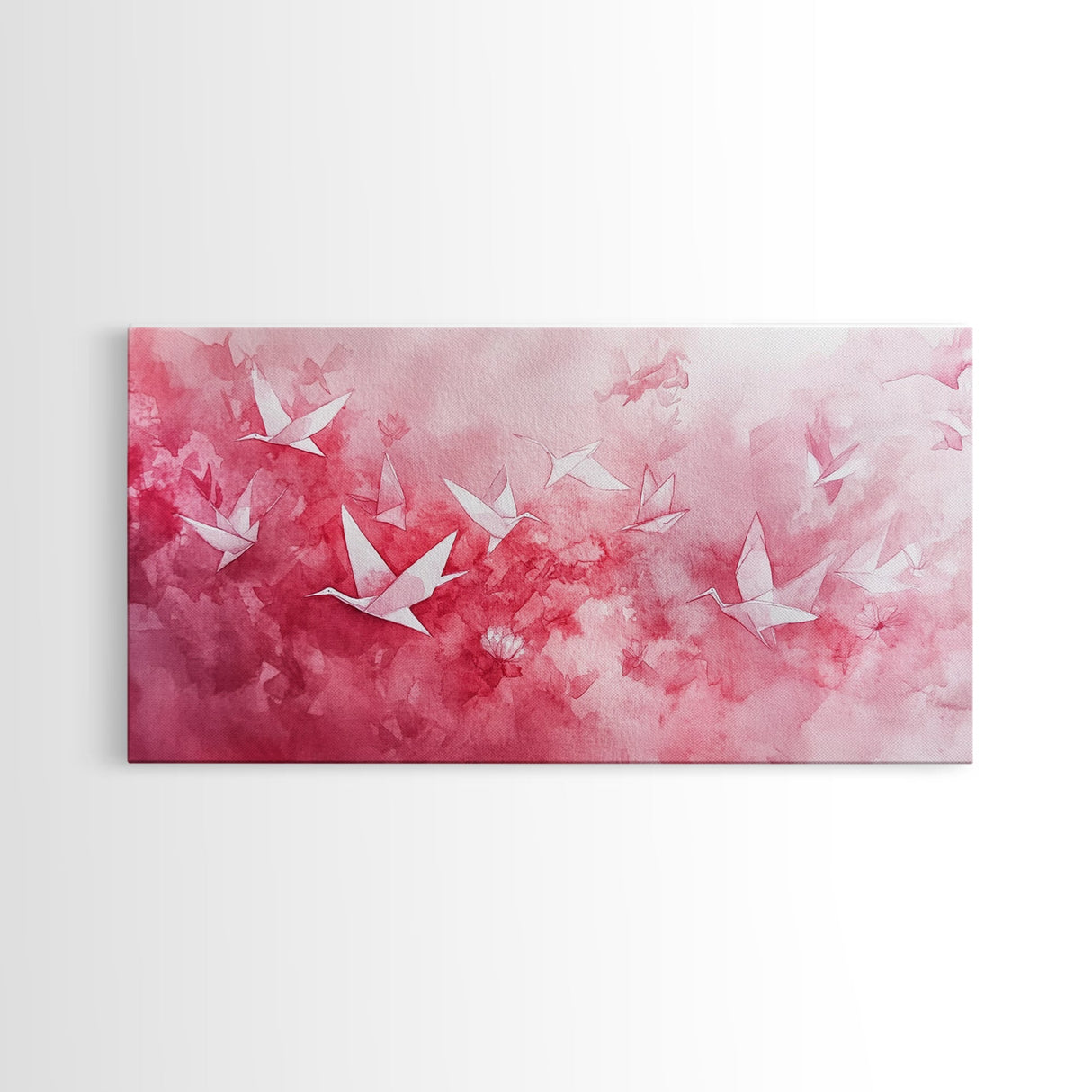 Origami Crane Flight Framed Canvas Print Featuring Pink Wall Art Whimsical Art Long Narrow Wall Art Minimalist Rustic Living Room Decor
