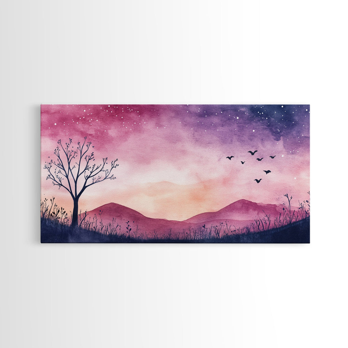 Twilight Meadow Framed Canvas Print, Whimsical Starry Night Art, Moody Nature Painting, Dreamy Purple Landscape, Wall Decor Gift Idea
