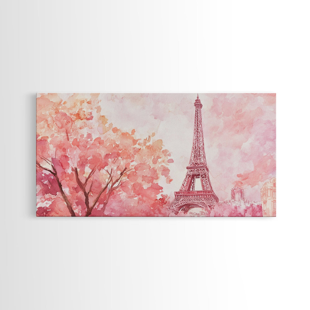 Eiffel Tower Cherry Blossom Canvas Print - Light Pink Wall Art Paris Landscape Romantic Living Room Art Bedroom Rustic Decor