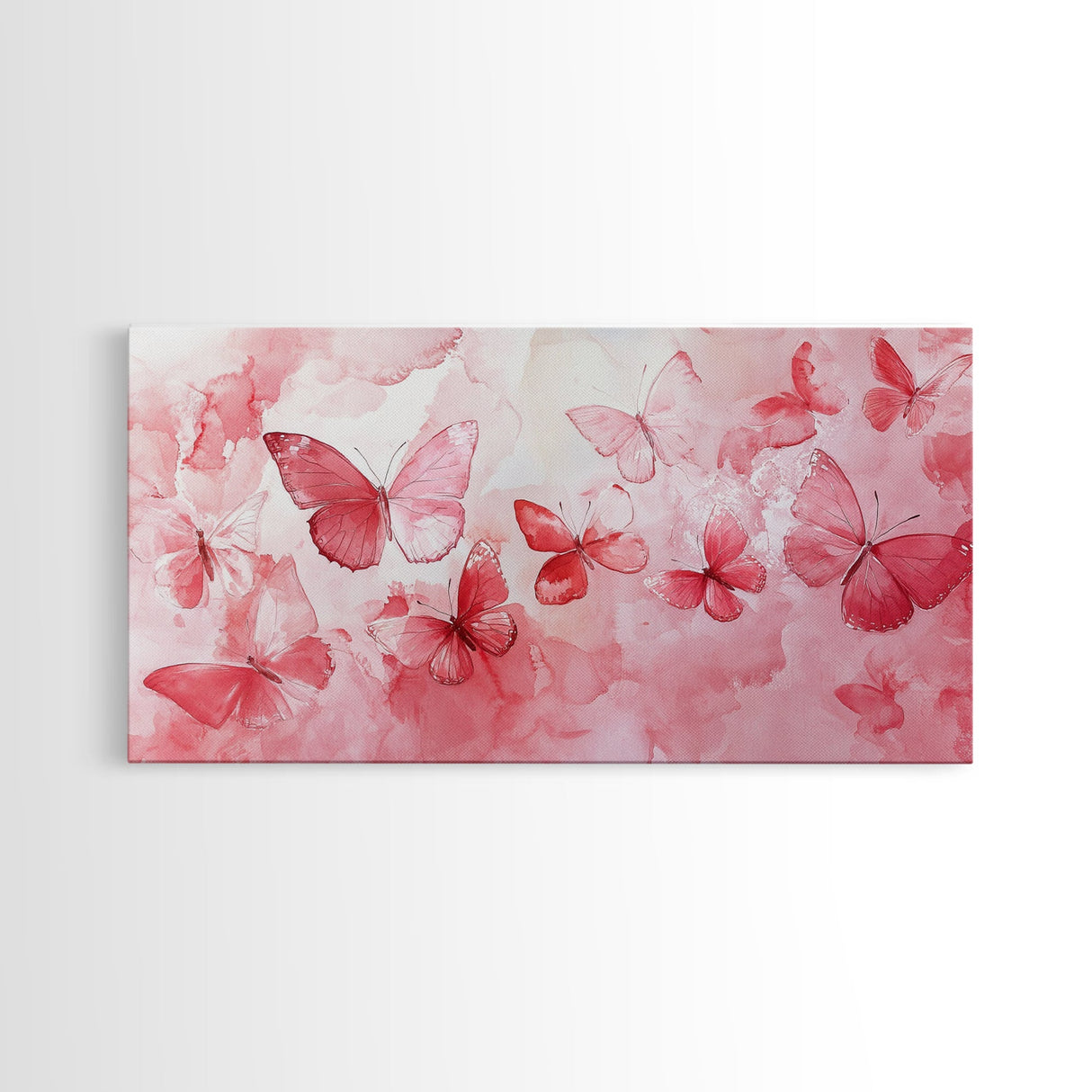 Pink Butterfly Collection Illustration in Whimsical Wall Art Style on Framed Canvas Print, Feminine Bedroom or Living Room Decor