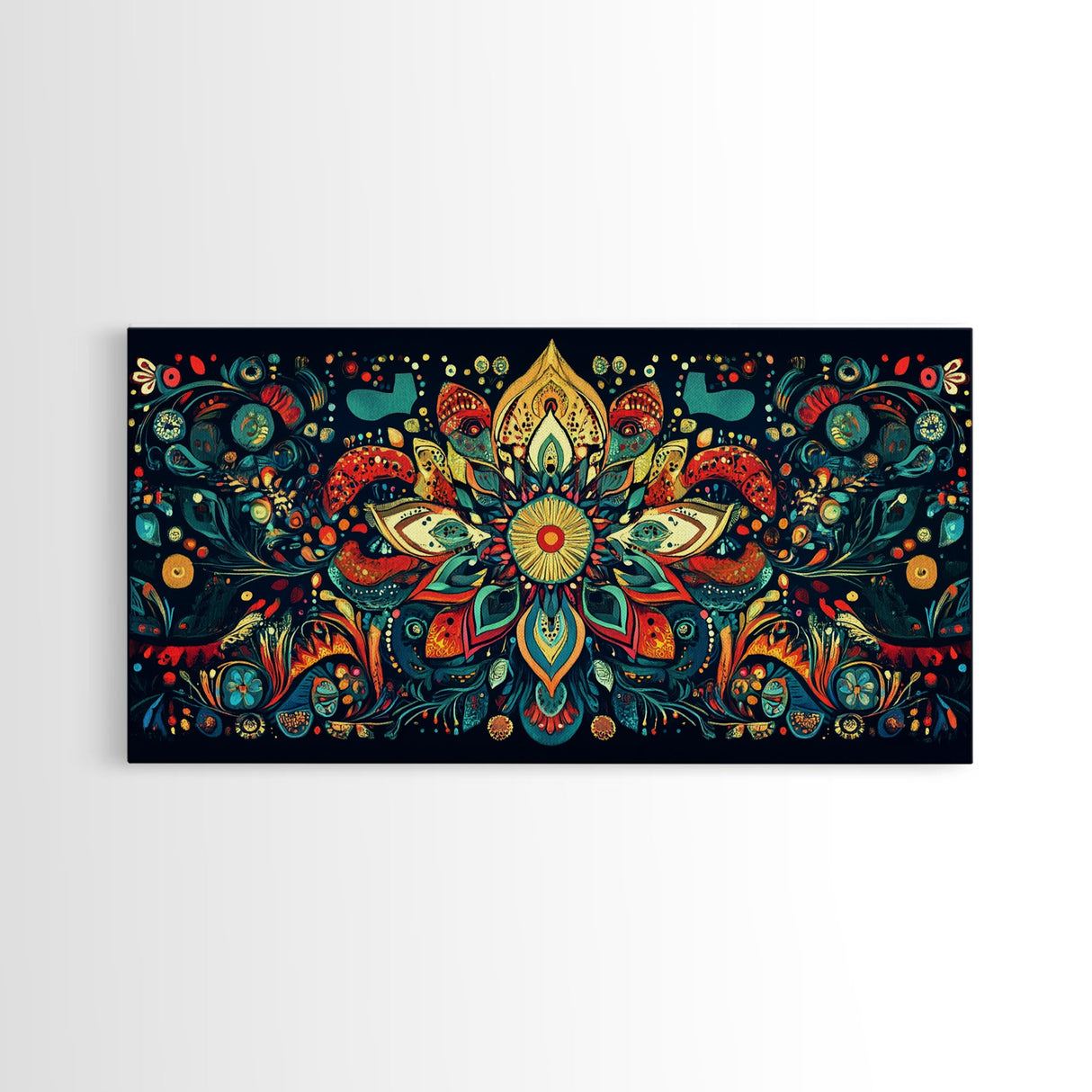 Elaborate Mandala Framed Canvas Print, Vibrant Boho Art, Spiritual Zen Wall Art, Geometric Ethereal Painting, Colorful Sacred Geometry